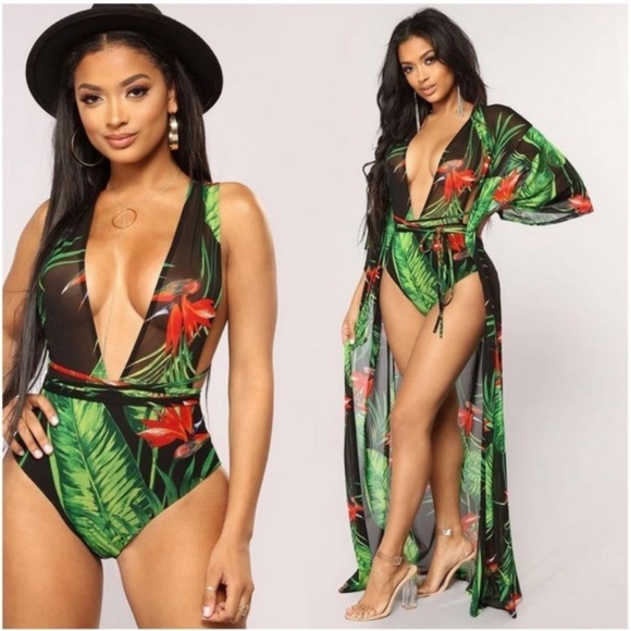 🎉HP🎉 Luxe Palm Print One Piece Swimsuit & Cover - Picture 3 of 8